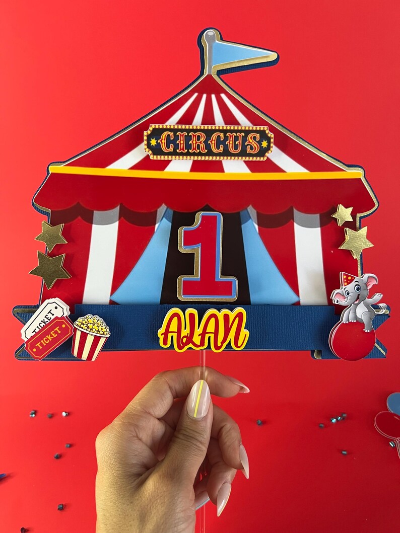 Colorful personalized carnival and circus birthday cake topper