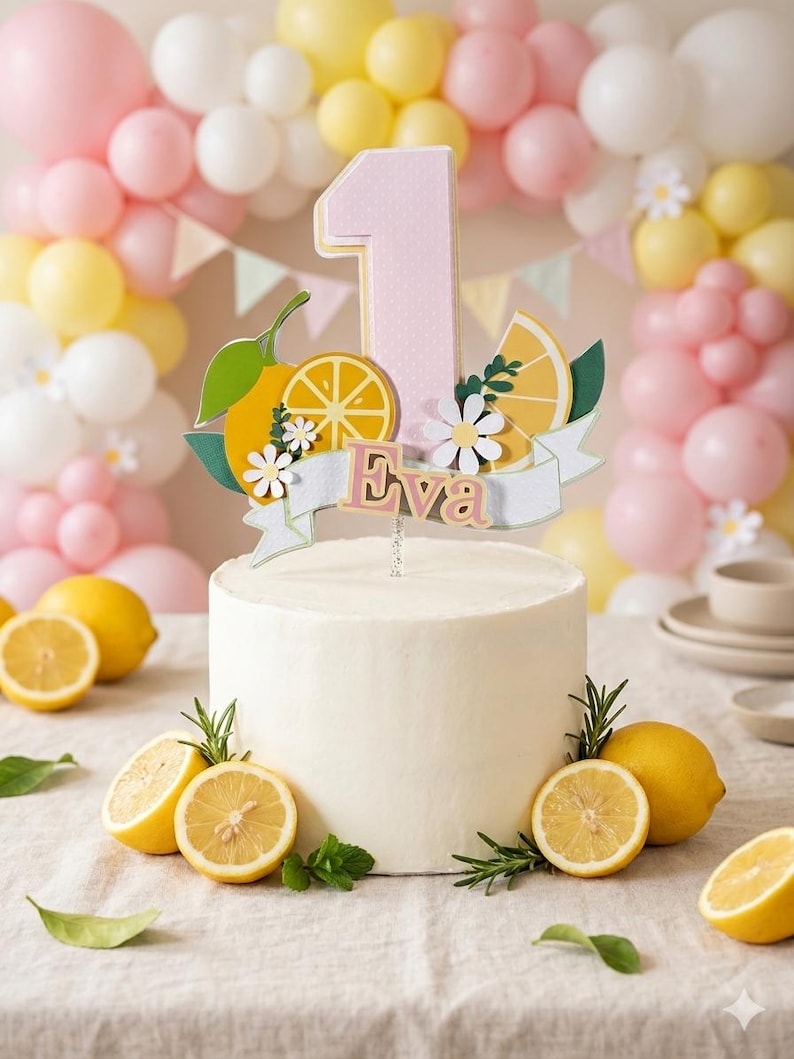 Eva lemon and daisy first birthday topper styled on a white cake with pastel balloons
