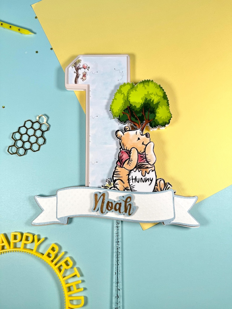 Personalized Winnie the Pooh honey bear themed birthday cake topper