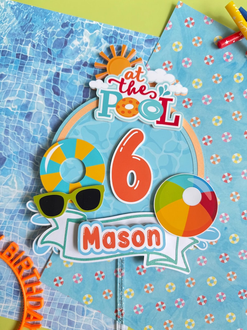 Personalized pool party birthday topper with bright summer themed details