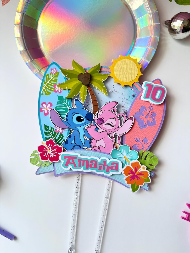 Personalized Stitch and Angel themed dimensional birthday cake topper